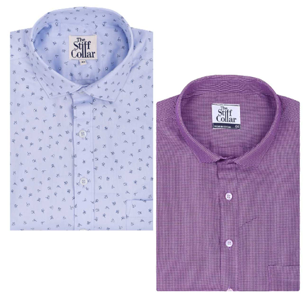 Iris Purple And Blue Floral Twill Half Sleeve Cotton Shirt Combo