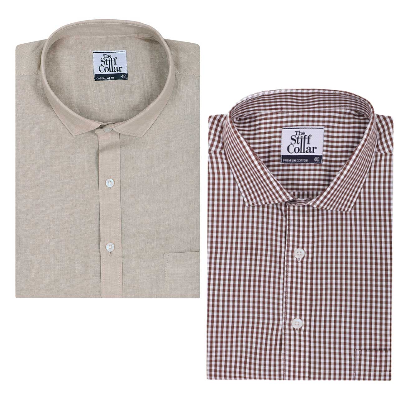 Brown Gingham And Brown Linen Half Sleeve Cotton Shirt Combo