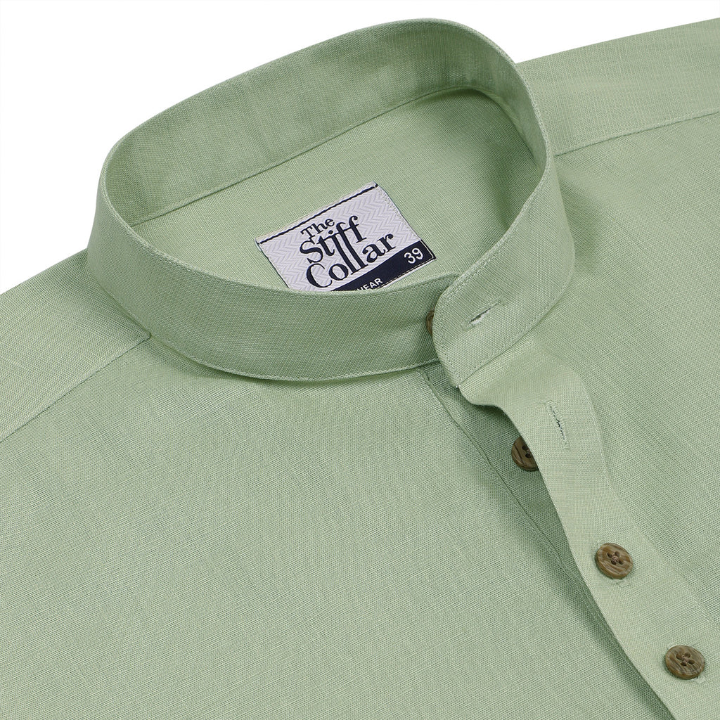 Pista Green Cotton Linen Rolled-up Sleeve Short Kurta