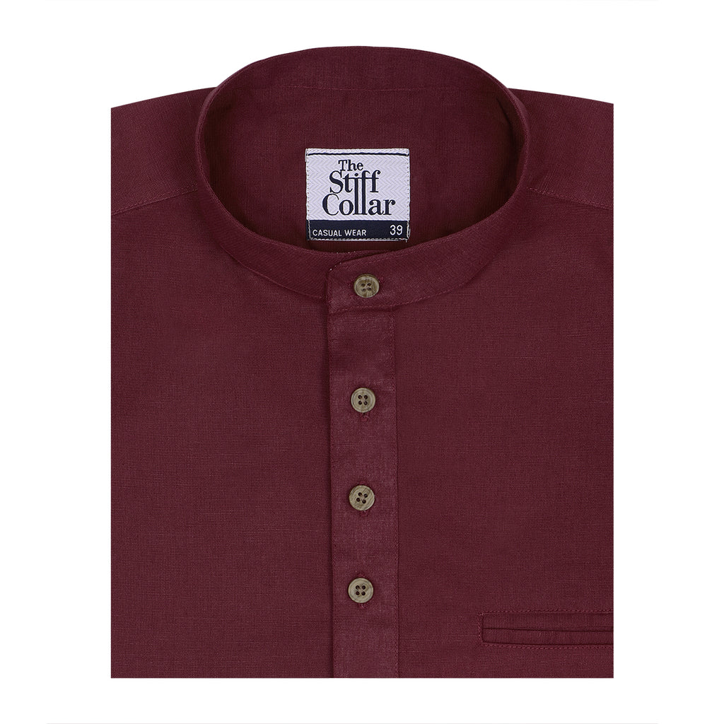 Maroon Cotton Linen Rolled-up Sleeve Short Kurta