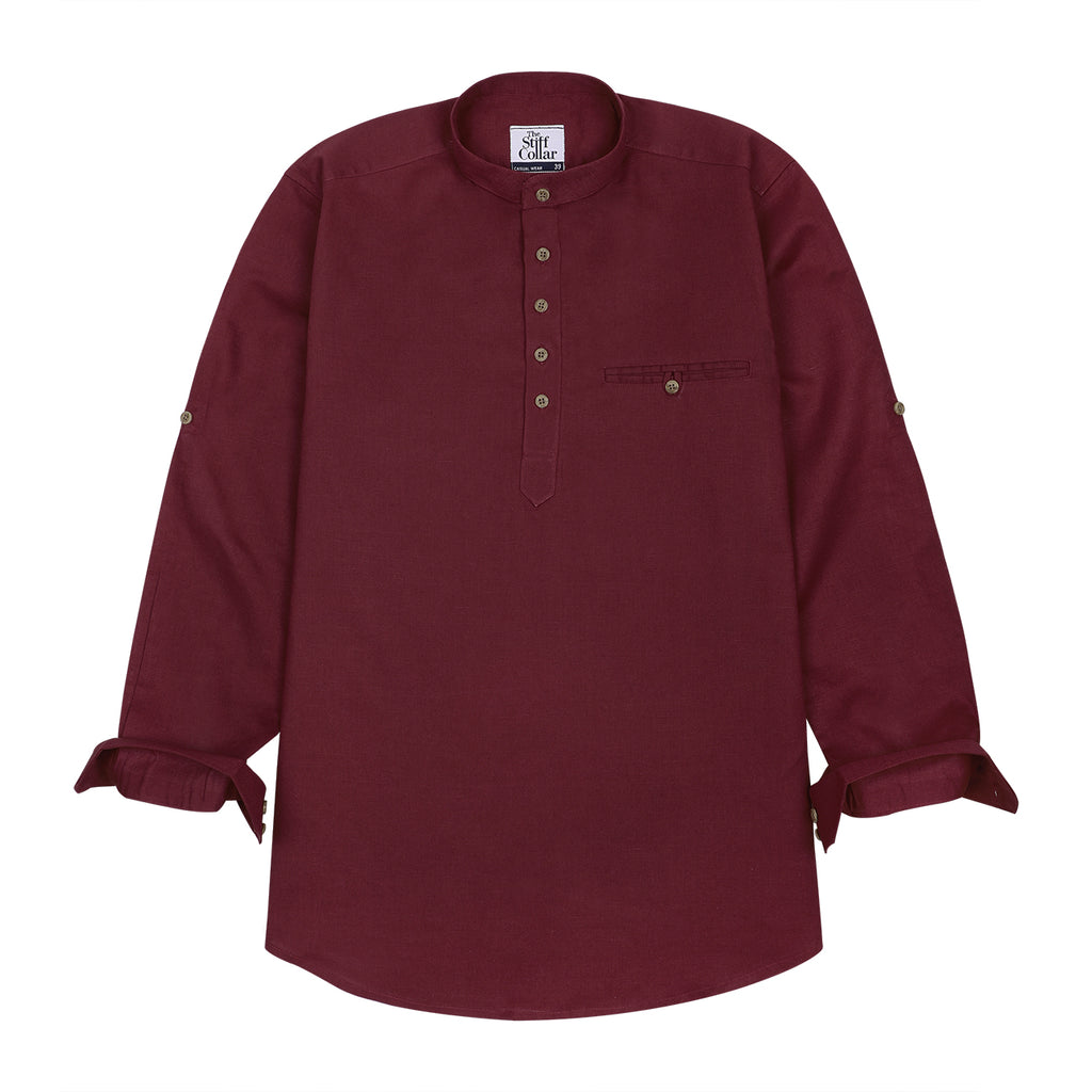 Maroon Cotton Linen Rolled-up Sleeve Short Kurta