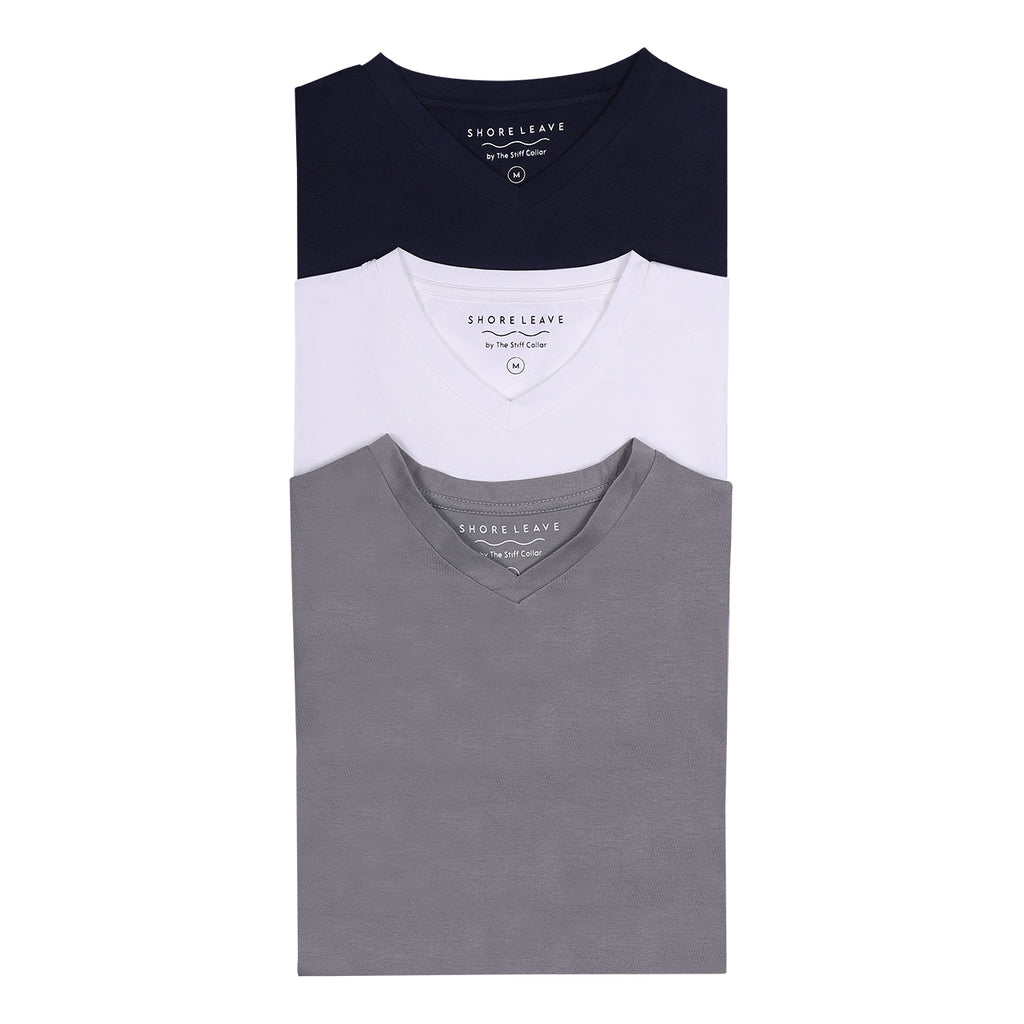 Soft Enzyme Washed Plain V neck T-shirt Combo Pack Of 3 (White, Navy, Grey)