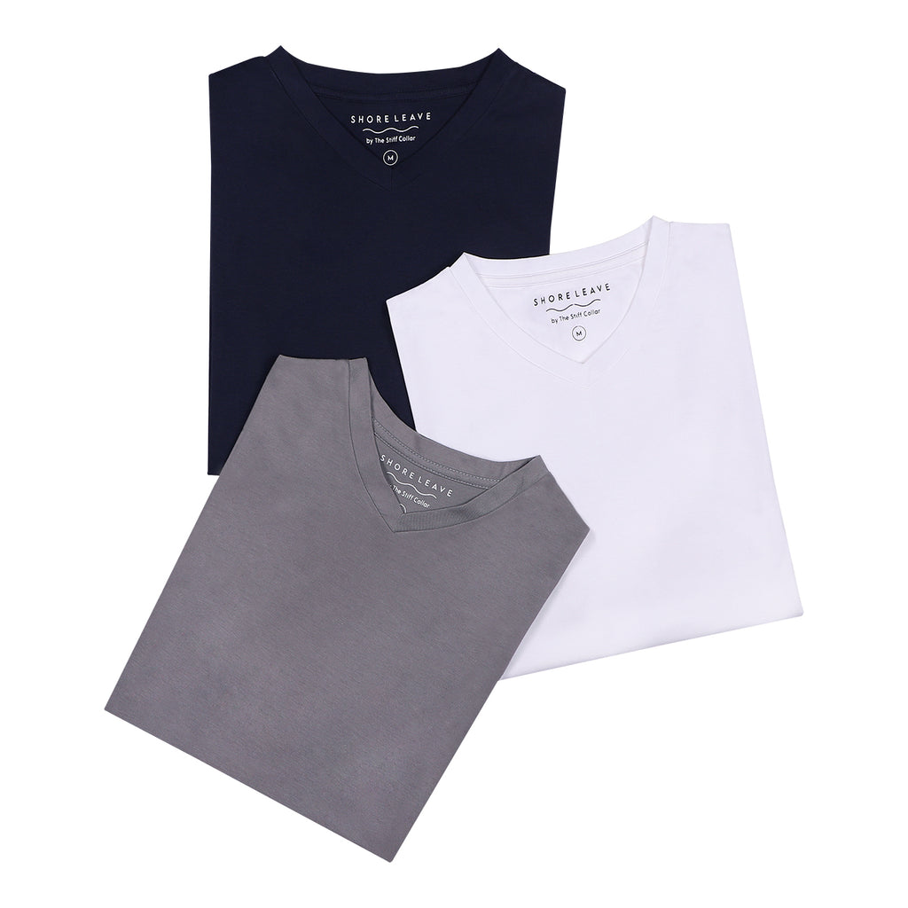 Soft Enzyme Washed Plain V neck T-shirt Combo Pack Of 3 (White, Navy, Grey)