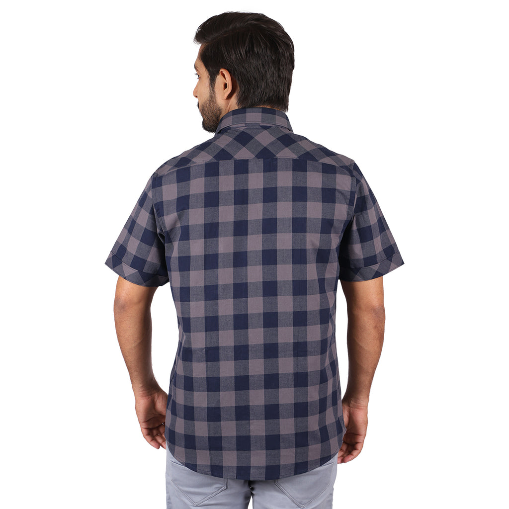 Grey Navy Chess Check Half Sleeves Shirt