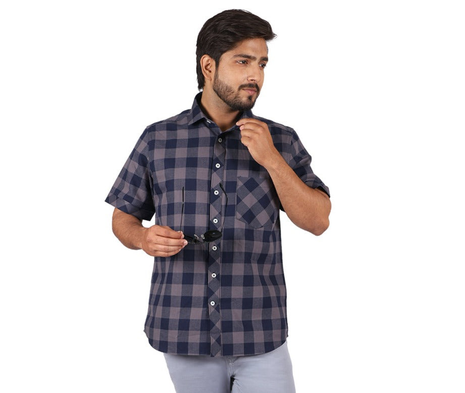 Grey Navy Chess Check Half Sleeves Shirt