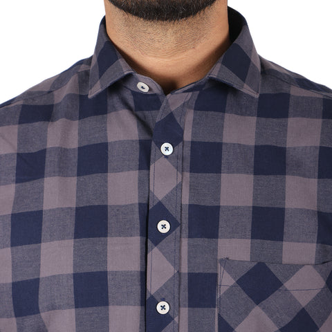 Luthai Prussian Navy Glen Plaid Checks Half Sleeve 2 Ply Giza Cotton Shirt