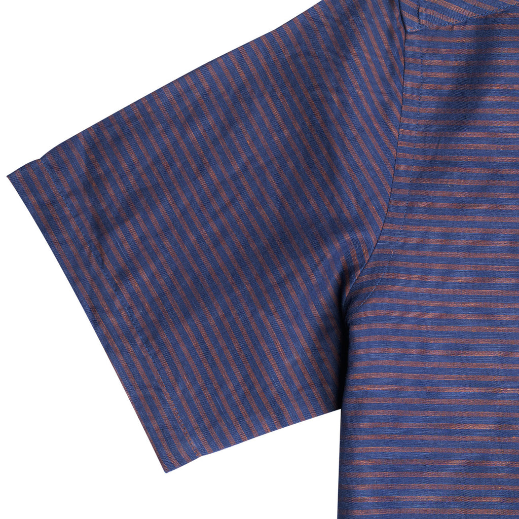 Bronze Horizontal Stripes on Navy Cotton Linen Half Sleeve Shirt