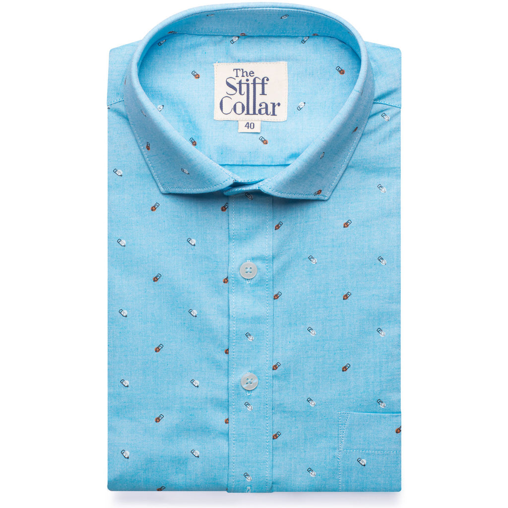 Blue Oxford Bottle Print Half Sleeves Shirt