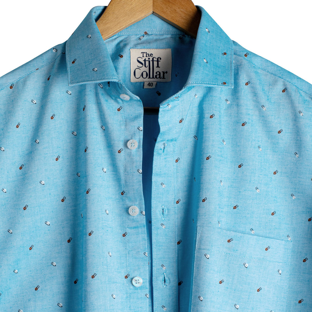 Blue Oxford Bottle Print Half Sleeves Shirt