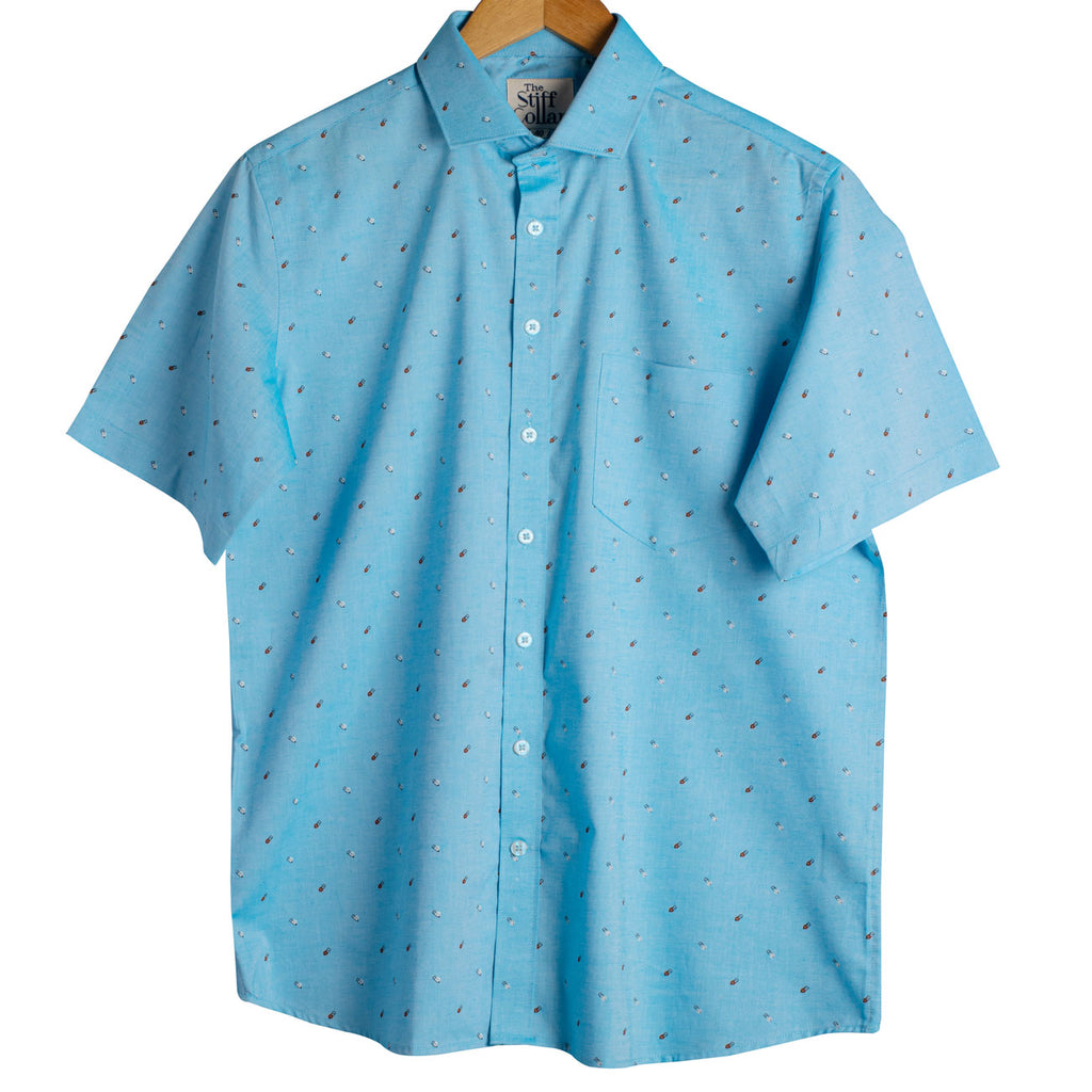 Blue Oxford Bottle Print Half Sleeves Shirt