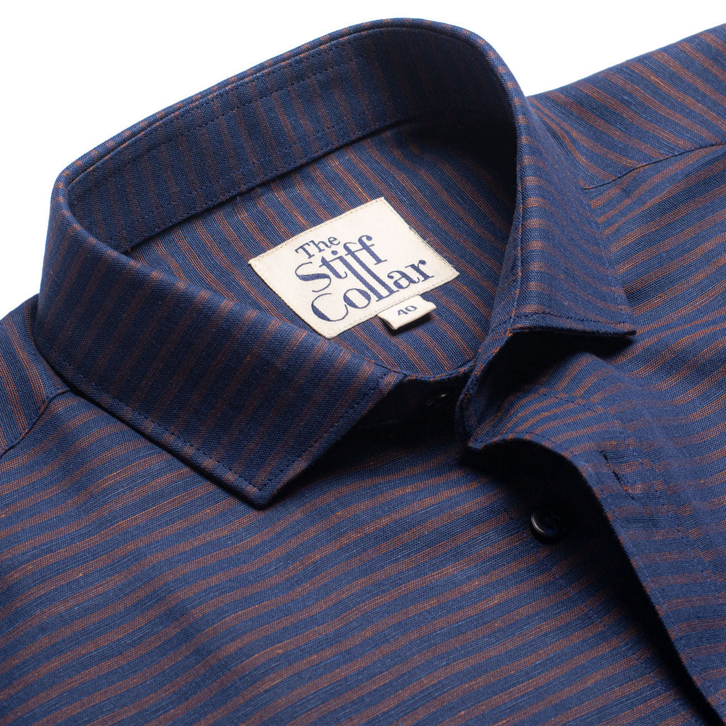 Bronze Horizontal Stripes on Navy Cotton Linen Half Sleeve Shirt