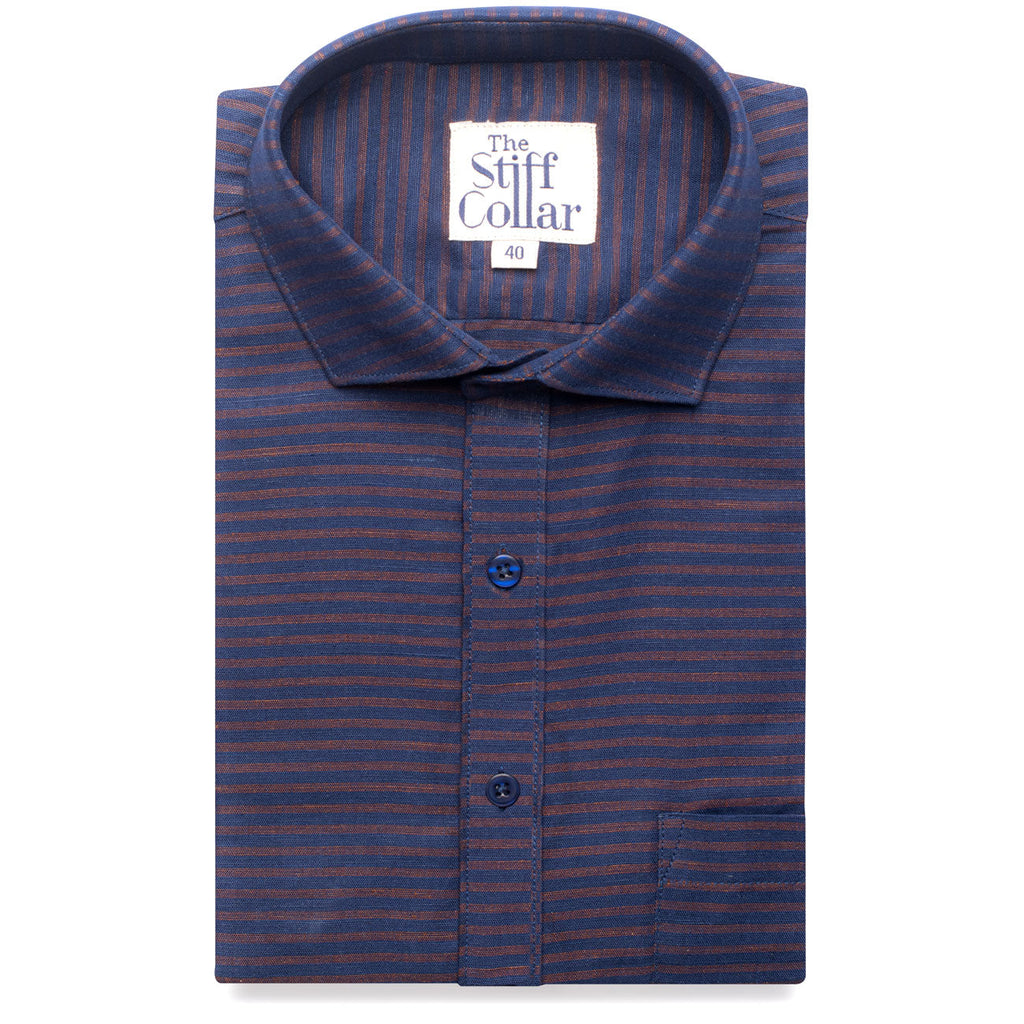 Bronze Horizontal Stripes on Navy Cotton Linen Half Sleeve Shirt