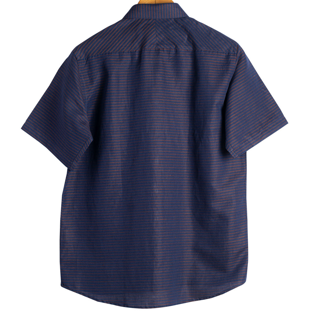 Bronze Horizontal Stripes on Navy Cotton Linen Half Sleeve Shirt
