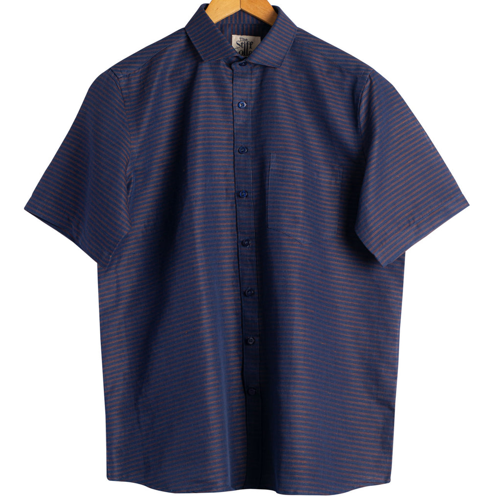 Bronze Horizontal Stripes on Navy Cotton Linen Half Sleeve Shirt