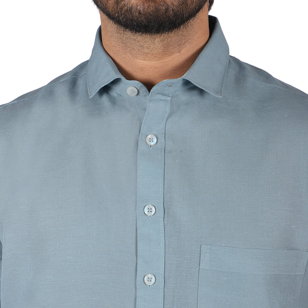 Teal Blue Pure Linen Half Sleeve Shirt