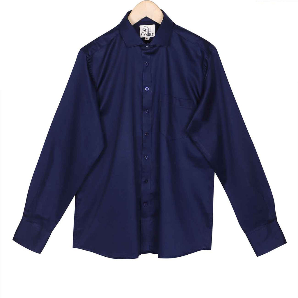 Midnight Blue Satin Regular Fit Cotton Shirt