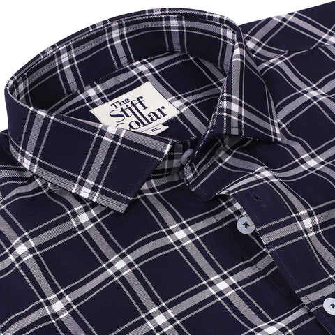 Luthai Prussian Navy Glen Plaid Checks Half Sleeve 2 Ply Giza Cotton Shirt