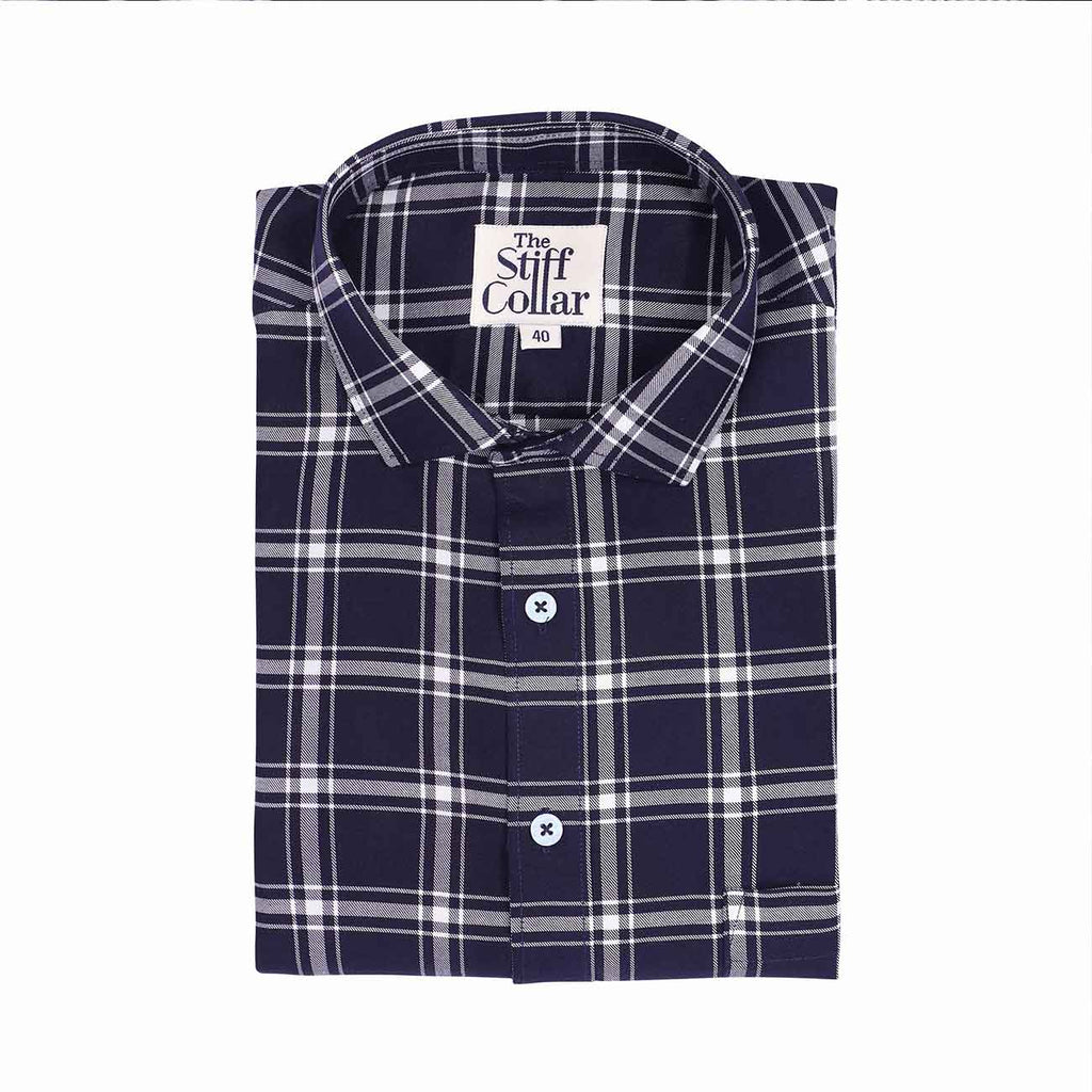 Space Navy Tartan Checks Half Sleeves Giza Cotton Shirt