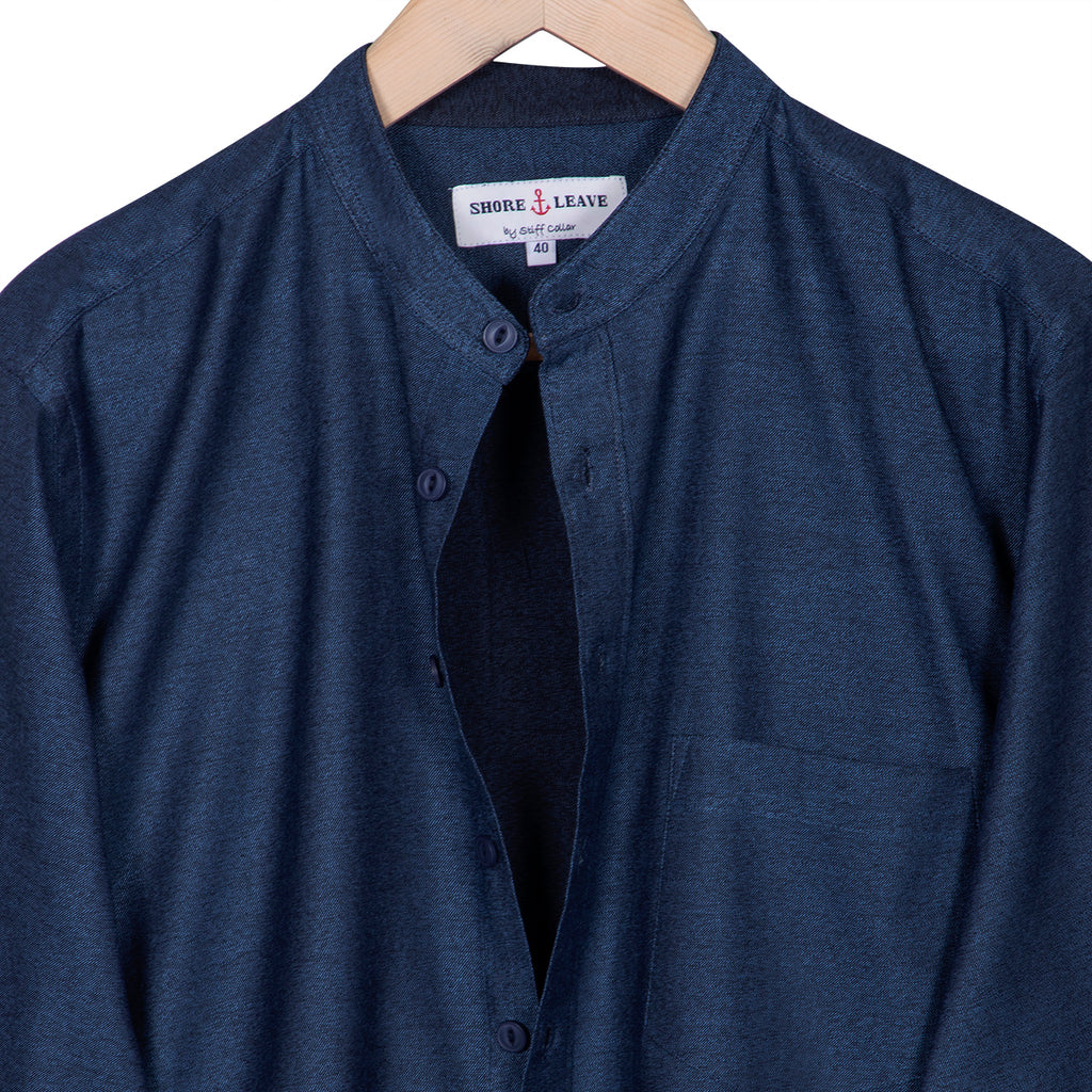 Premium Metallic Blue Melange Casual Mandarin Collar Shirt