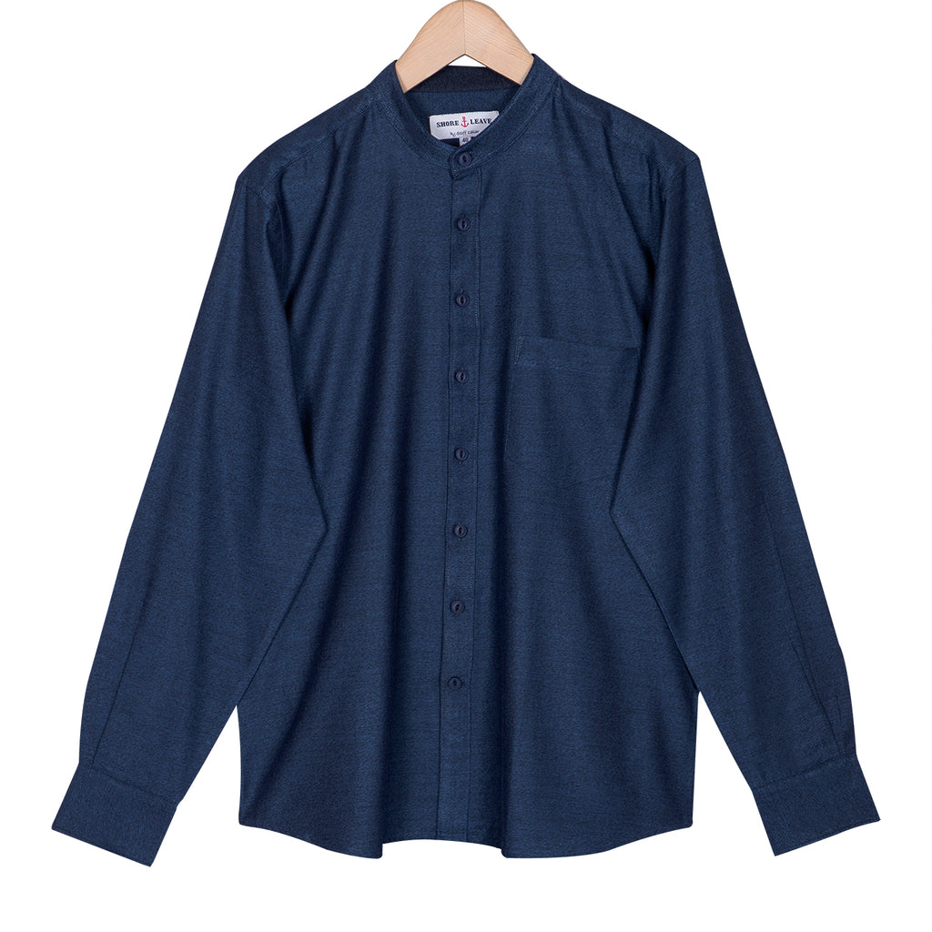 Premium Metallic Blue Melange Casual Mandarin Collar Shirt