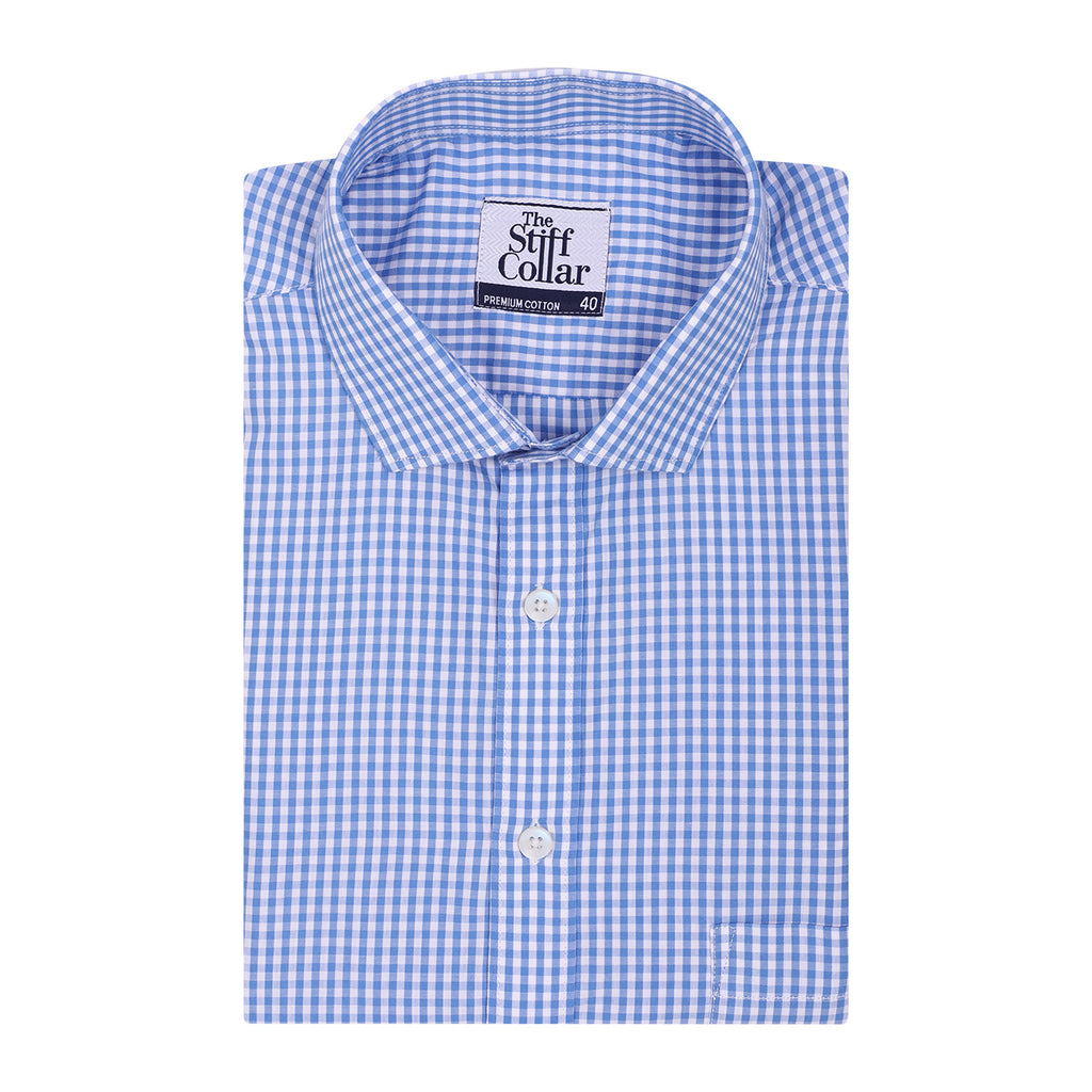 Azure Blue Gingham Half Sleeve Cotton Shirt