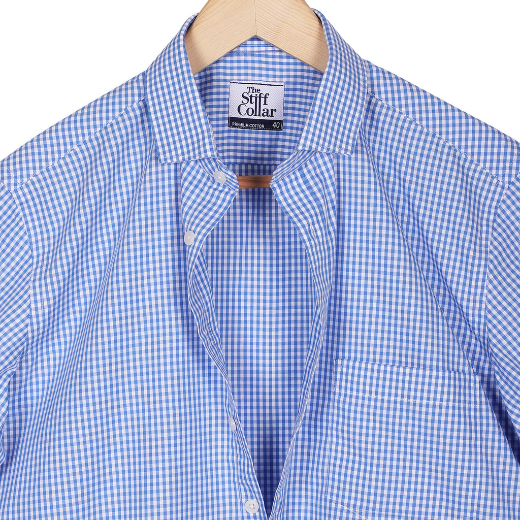 Azure Blue Gingham Half Sleeve Cotton Shirt