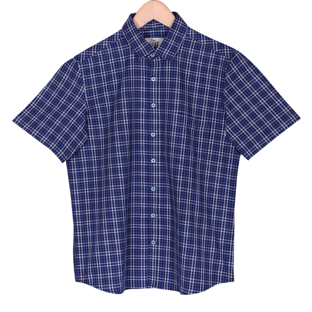 Navy Blue Half Sleeve Checks Regular Fit Shirt