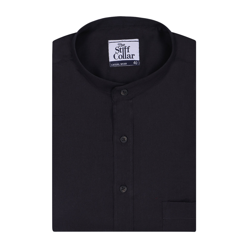 Coal Black Mandarin Collar Cotton Shirt