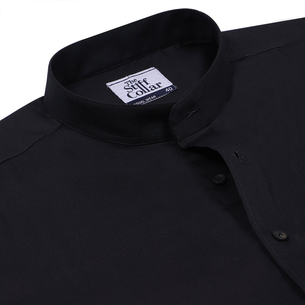 Coal Black Mandarin Collar Cotton Shirt