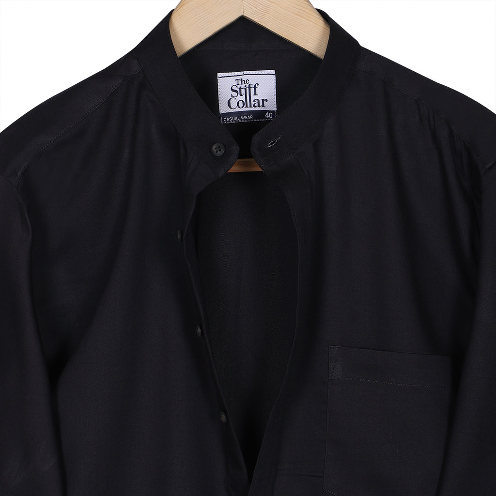 Coal Black Mandarin Collar Cotton Shirt