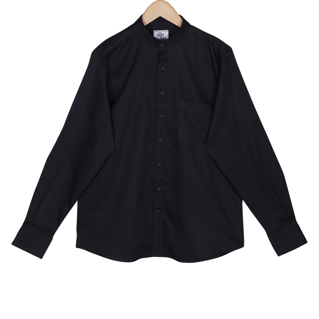 Coal Black Mandarin Collar Cotton Shirt