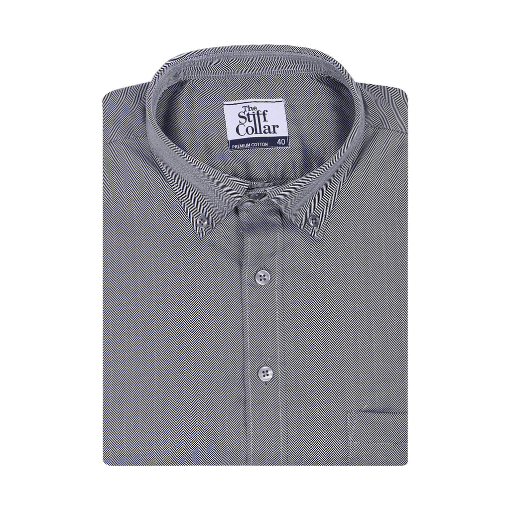 Luthai Grey Herringbone Button Down 2 Ply Premium Giza Cotton Shirt