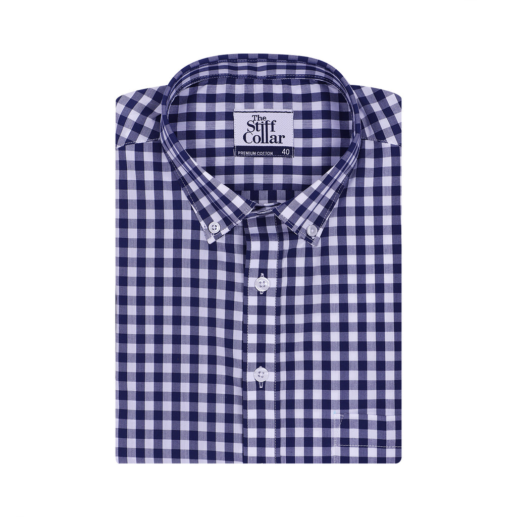 Luthai Navy Blue Button-Down Gingham Checks 2 Ply Giza Cotton Shirt