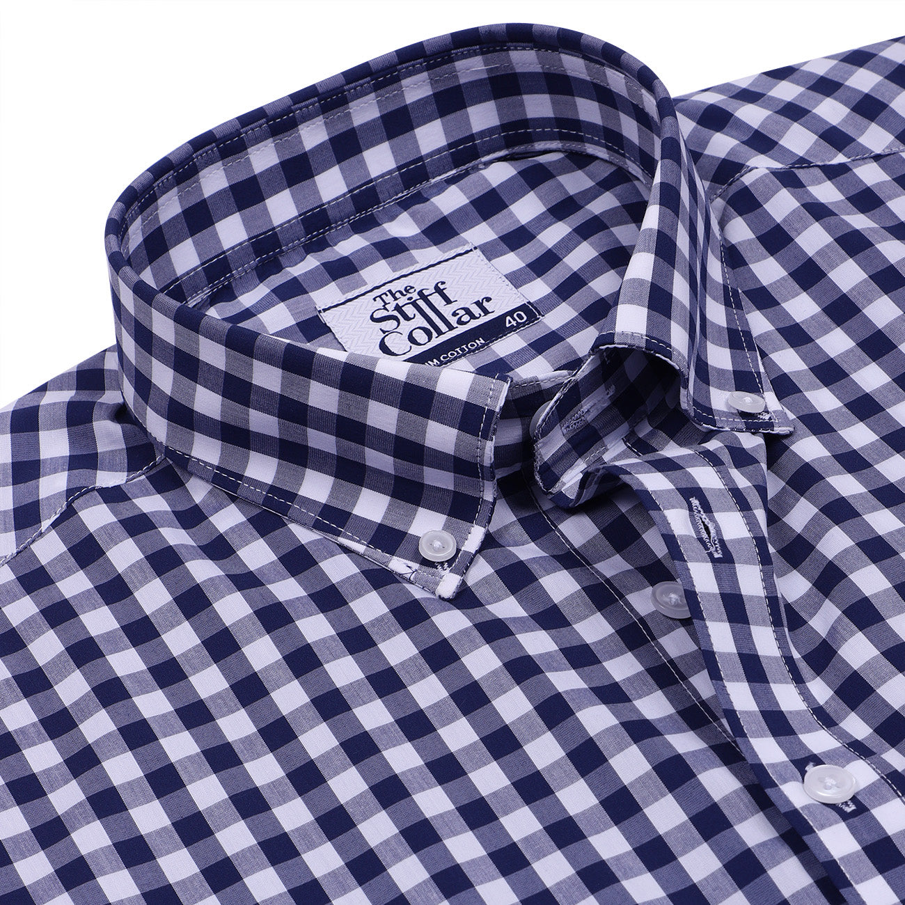 Luthai Navy Blue Button-Down Gingham Checks 2 Ply Giza Cotton Shirt