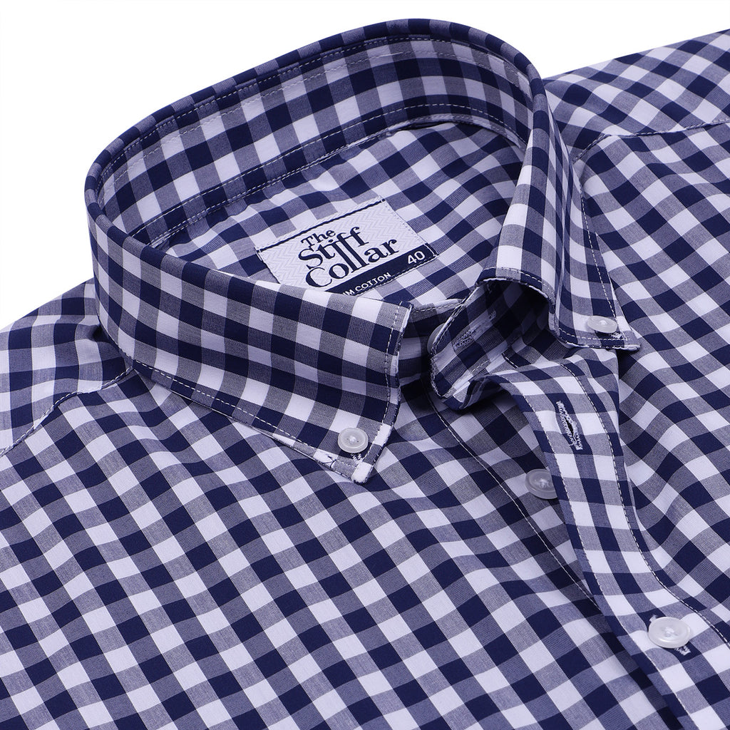 Luthai Navy Blue Button-Down Gingham Checks 2 Ply Giza Cotton Shirt