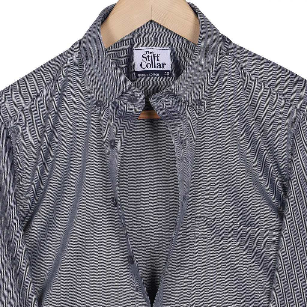 Luthai Grey Herringbone Button Down 2 Ply Premium Giza Cotton Shirt