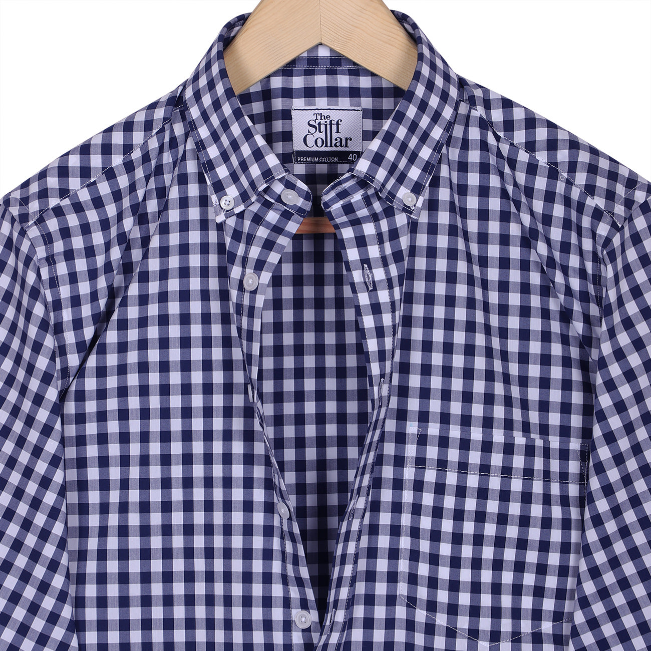 Luthai Navy Blue Button-Down Gingham Checks 2 Ply Giza Cotton Shirt