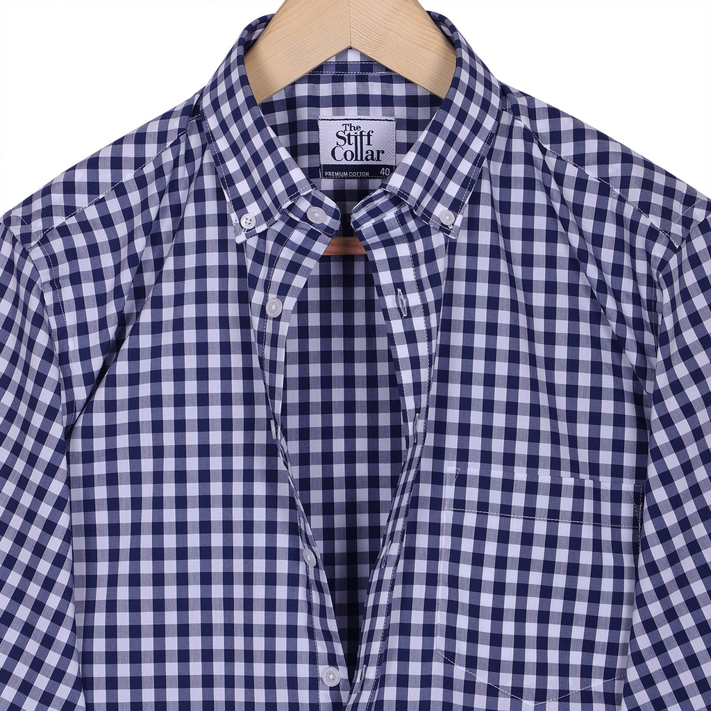 Luthai Navy Blue Button-Down Gingham Checks 2 Ply Giza Cotton Shirt