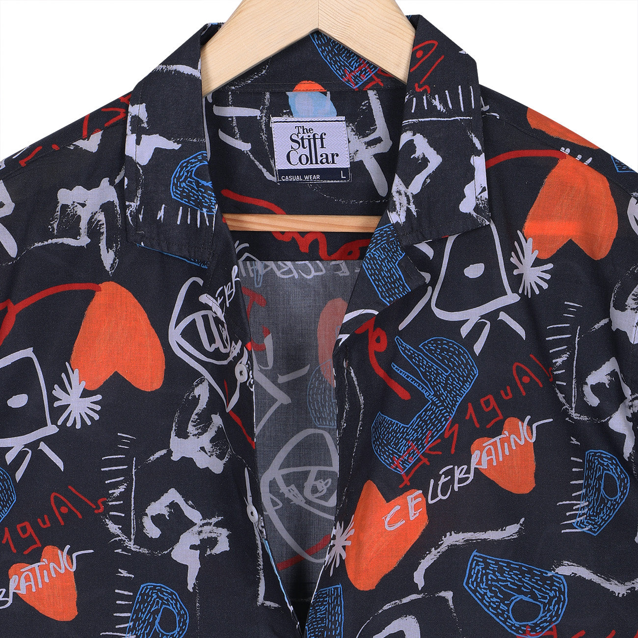 Black Celebration Print Cotton Open Collar half sleeve Shirt