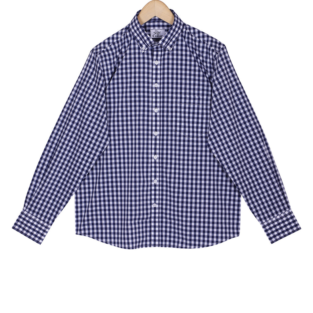 Luthai Navy Blue Button-Down Gingham Checks 2 Ply Giza Cotton Shirt