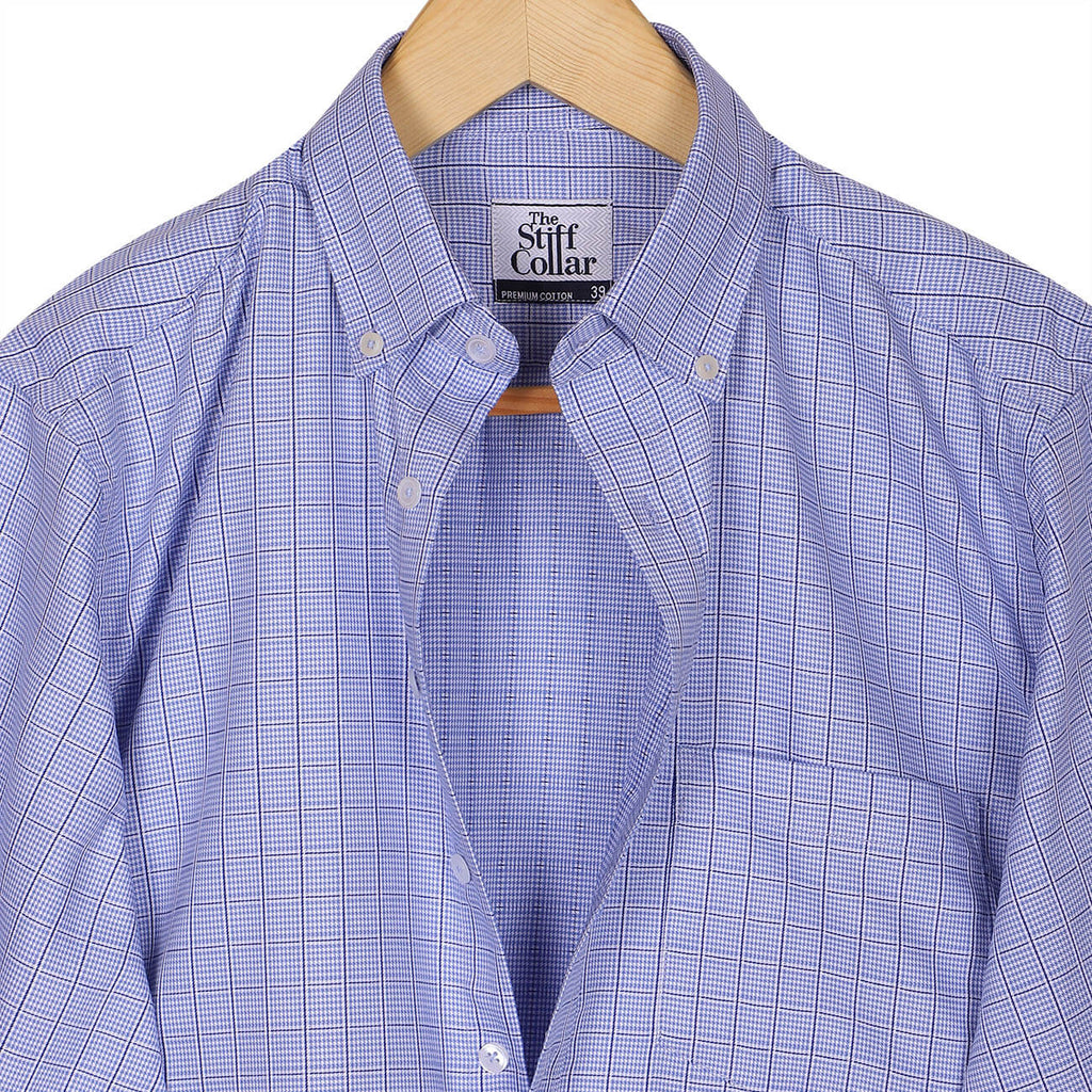 Luthai Splash Blue Houndstooth Grid Checks Button Down 2 Ply Giza Cotton Shirt