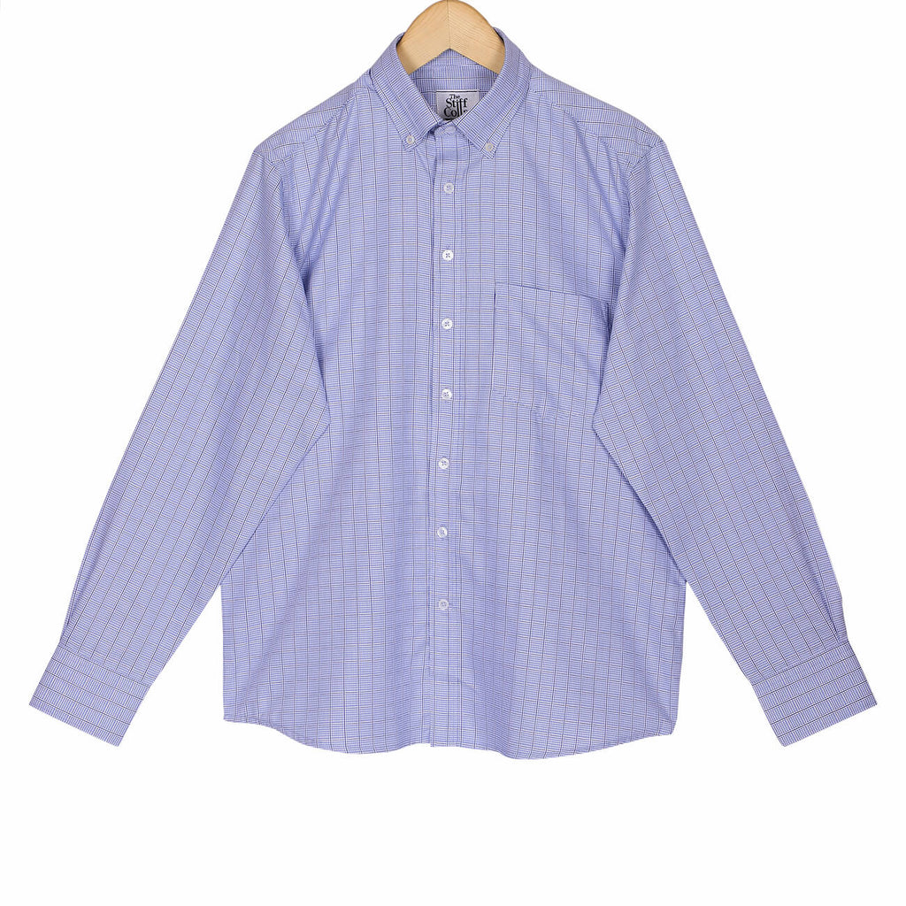 Luthai Splash Blue Houndstooth Grid Checks Button Down 2 Ply Giza Cotton Shirt