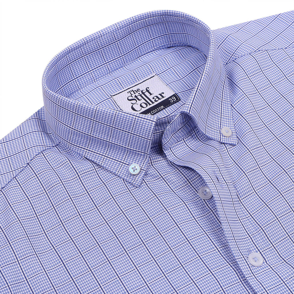 Luthai Splash Blue Houndstooth Grid Checks Button Down 2 Ply Giza Cotton Shirt