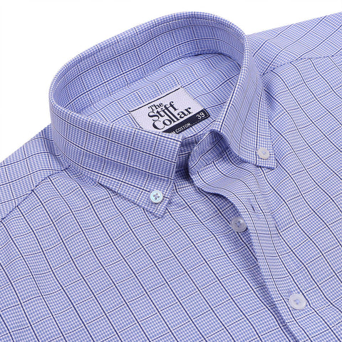 Luthai Prussian Navy Glen Plaid Checks Half Sleeve 2 Ply Giza Cotton Shirt