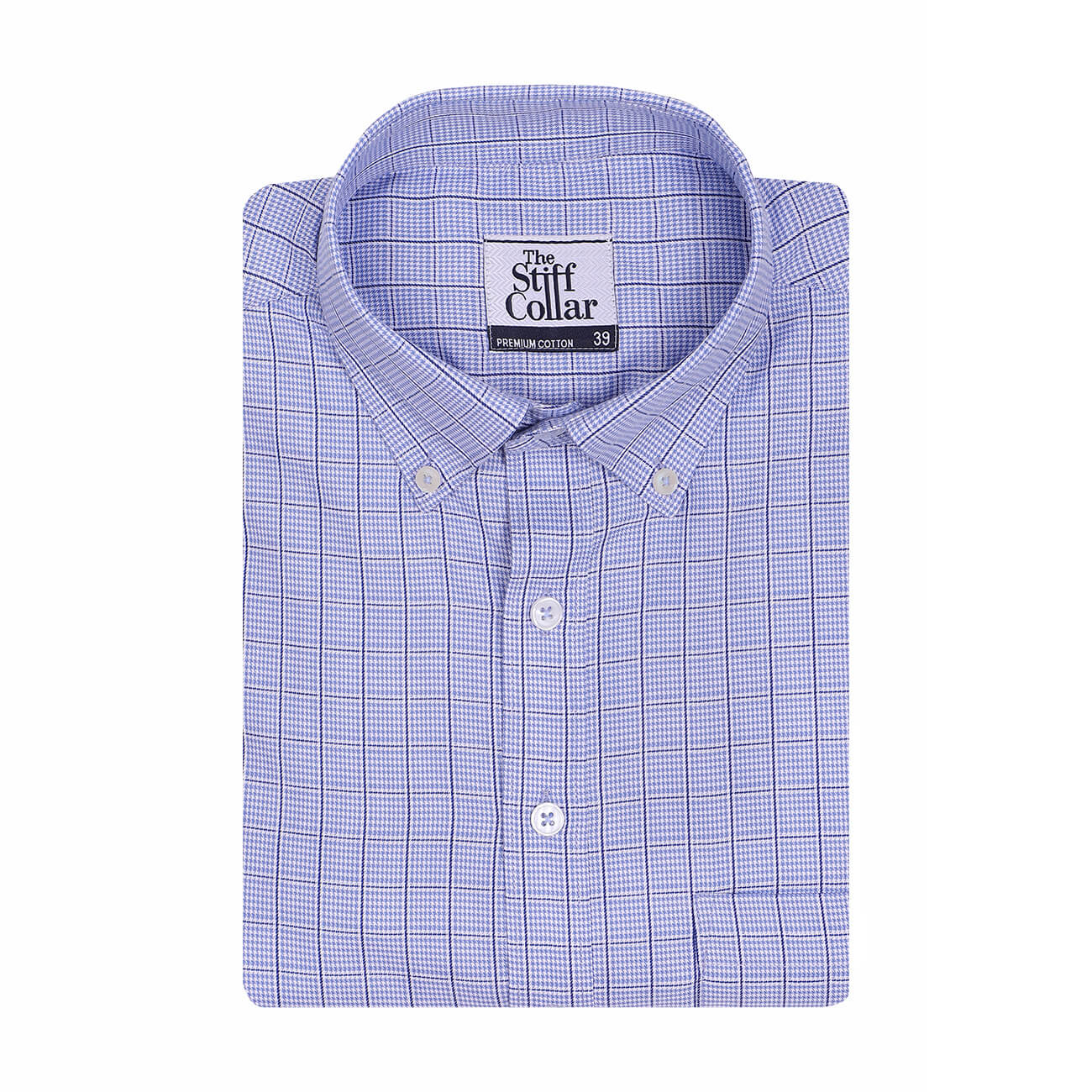 Luthai Splash Blue Houndstooth Grid Checks Button Down 2 Ply Giza Cotton Shirt