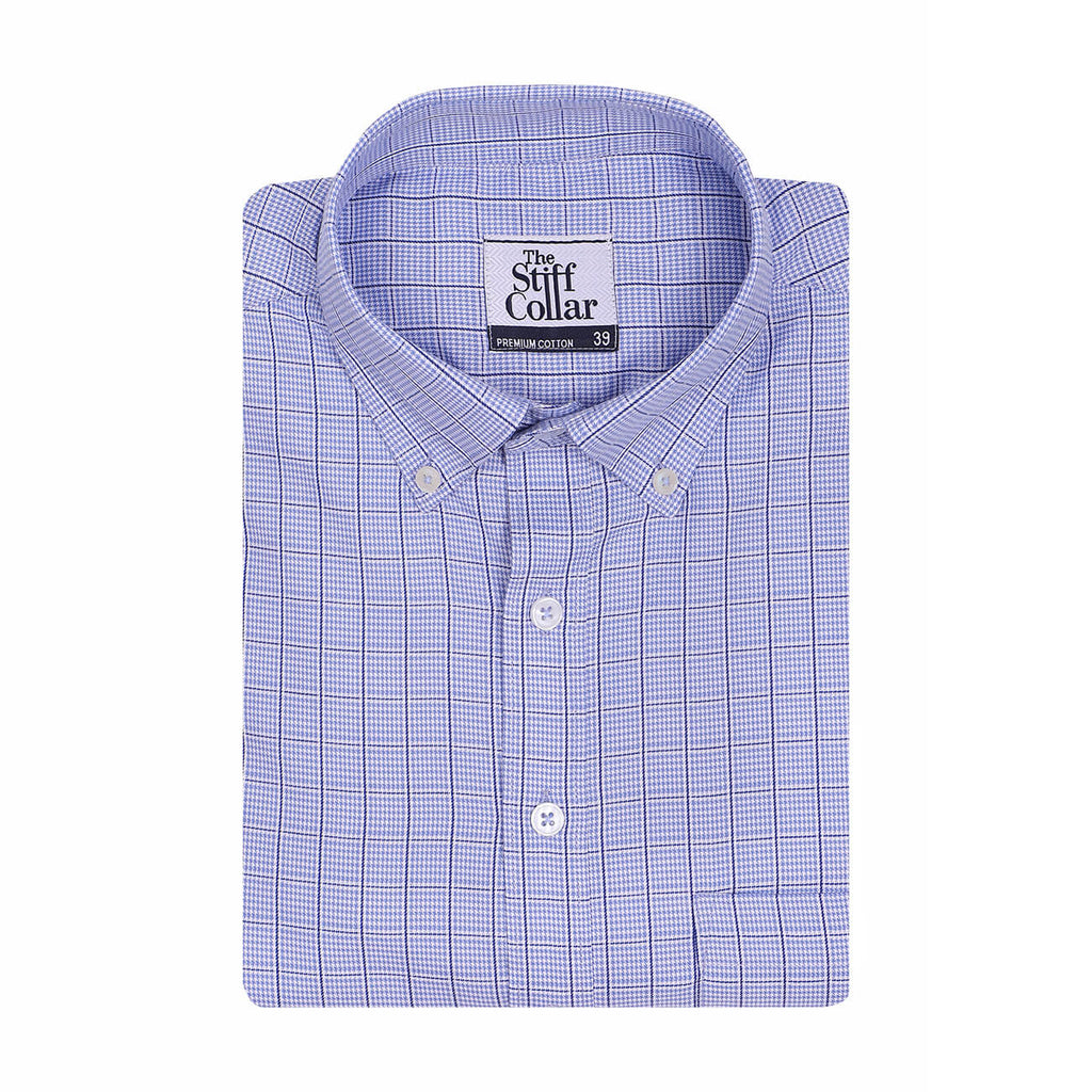 Luthai Splash Blue Houndstooth Grid Checks Button Down 2 Ply Giza Cotton Shirt
