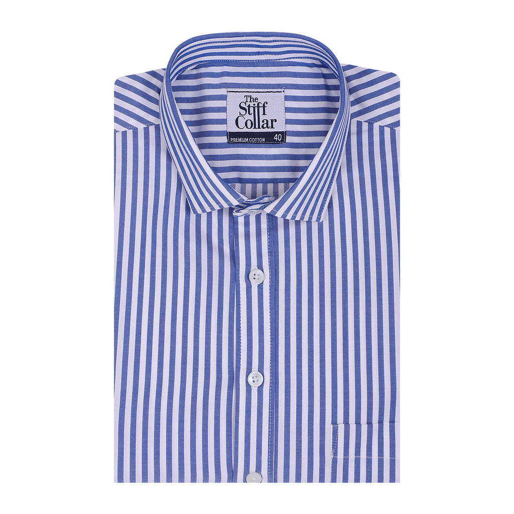 Luthai Imperial Blue Bengal Stripes Half Sleeve 2 Ply Giza Cotton Shirt