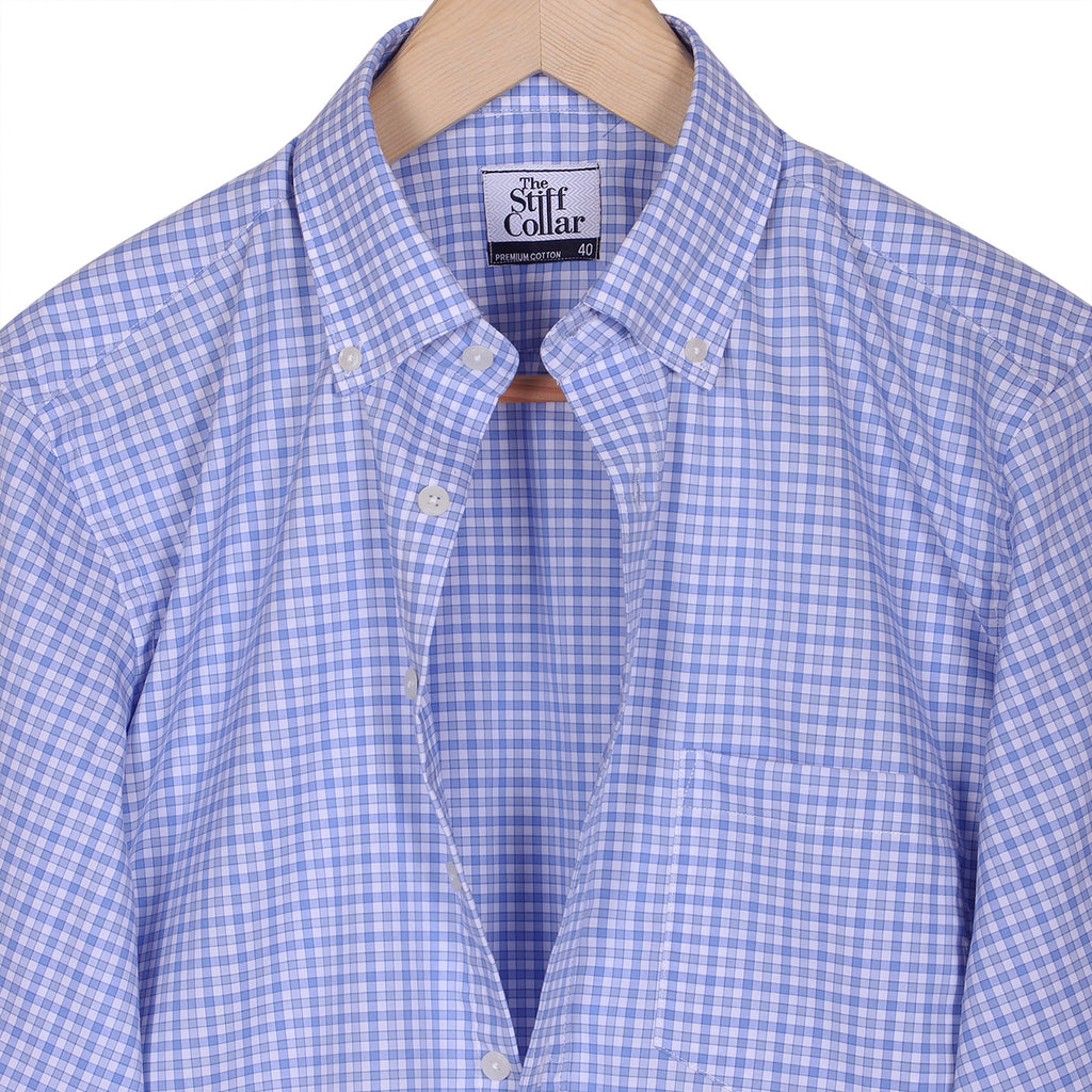 Luthai Oriental Blue Outlined Checks Button Down 2 Ply Giza Cotton Shirt