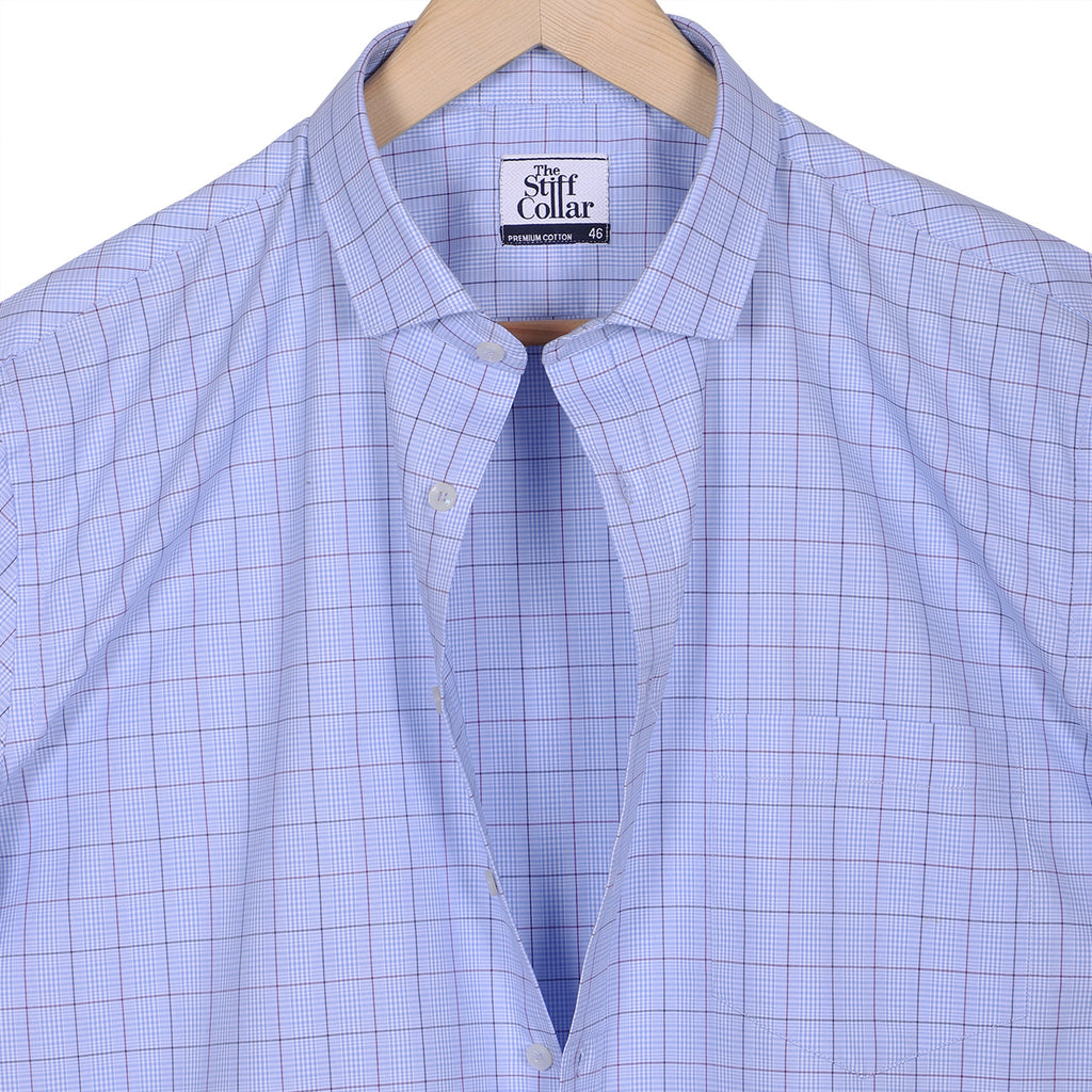 Luthai Capetown Blue Glen Plaid Checks Half Sleeve 2 Ply Giza Cotton Shirt