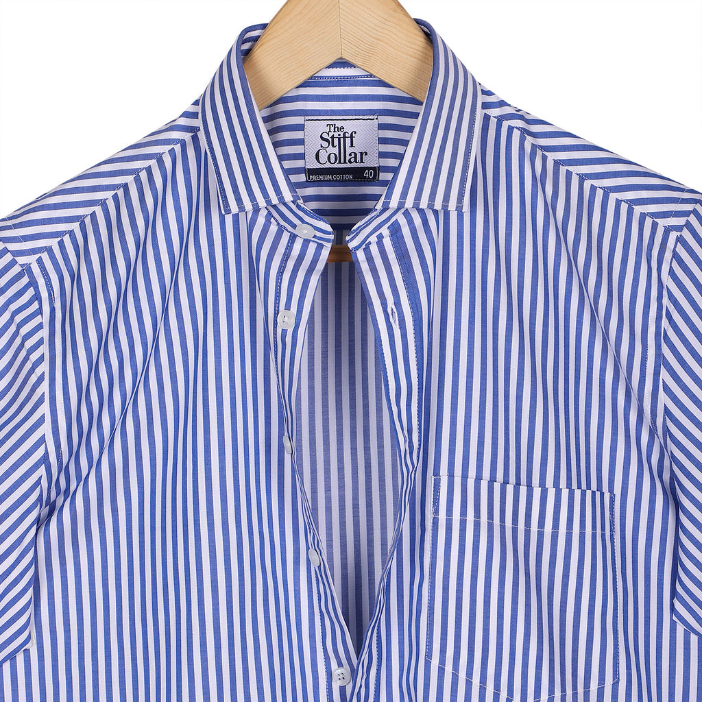 Luthai Imperial Blue Bengal Stripes Half Sleeve 2 Ply Giza Cotton Shirt